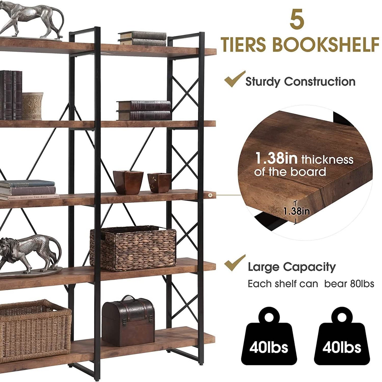 5-Tier Bookcase Industrial Bookshelf