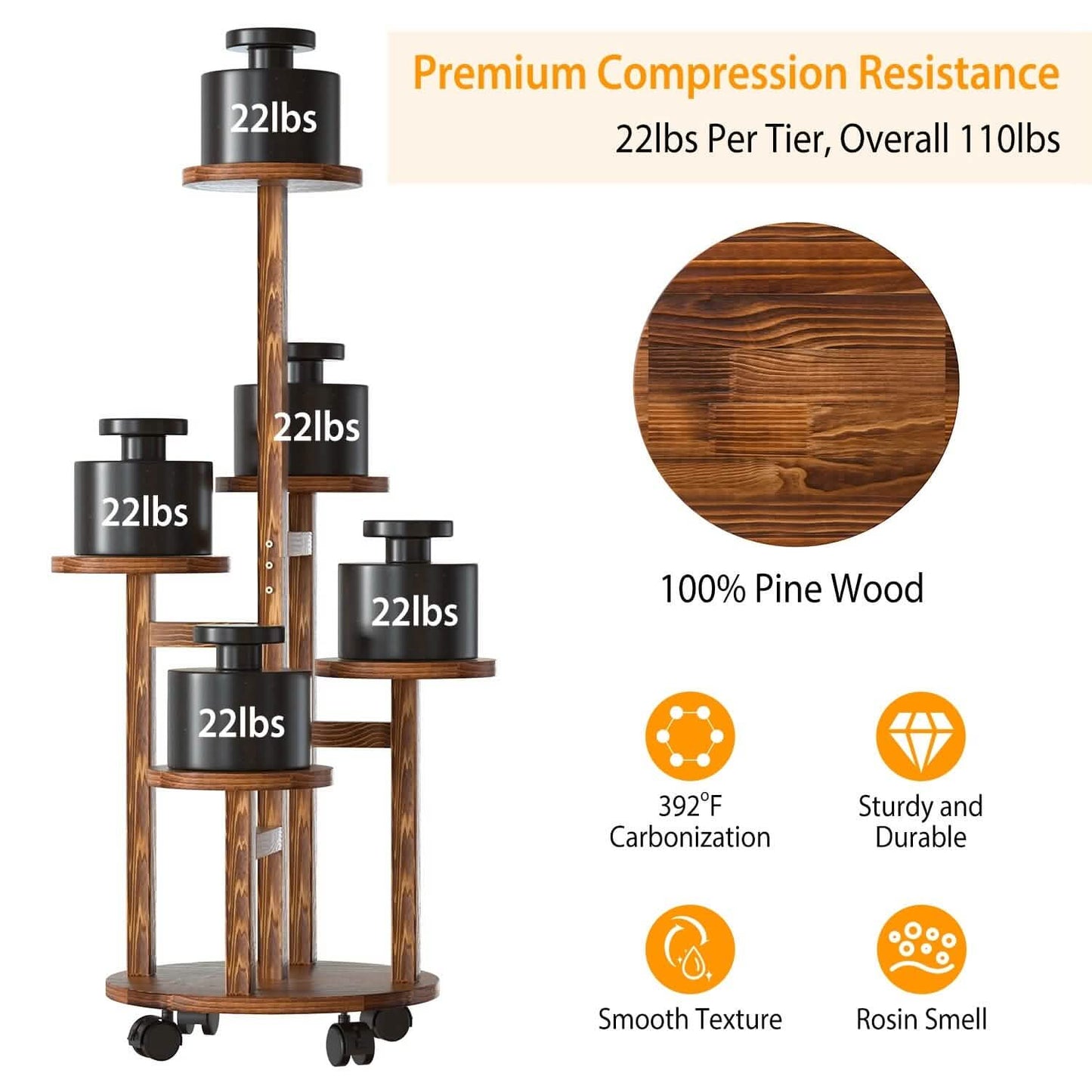 5-Tier Plant Stand with 4 Detachable Wheels Wooden Plant Pot Rolling Shelf