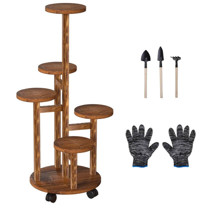 5-Tier Plant Stand with 4 Detachable Wheels Wooden Plant Pot Rolling Shelf