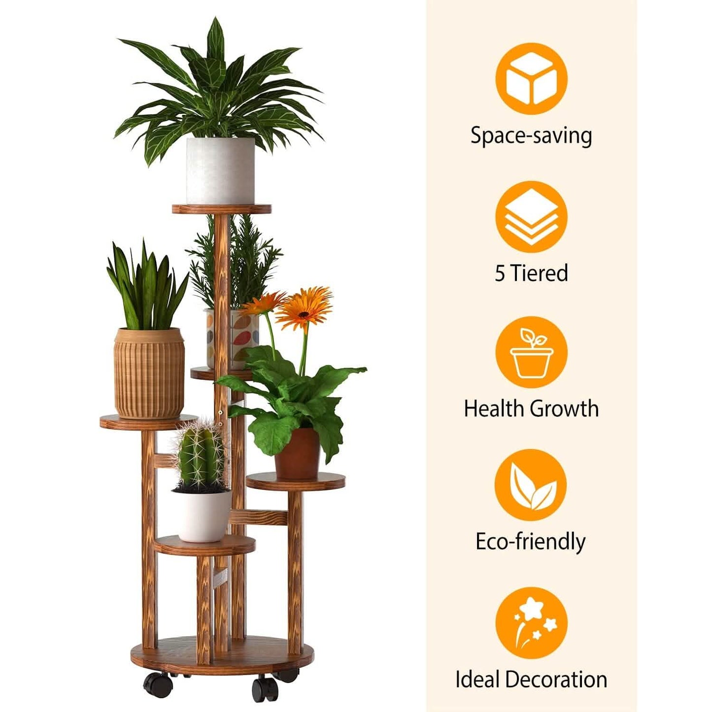 5-Tier Plant Stand with 4 Detachable Wheels Wooden Plant Pot Rolling Shelf