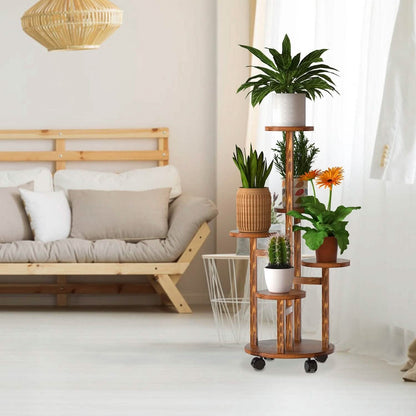 5-Tier Plant Stand with 4 Detachable Wheels Wooden Plant Pot Rolling Shelf