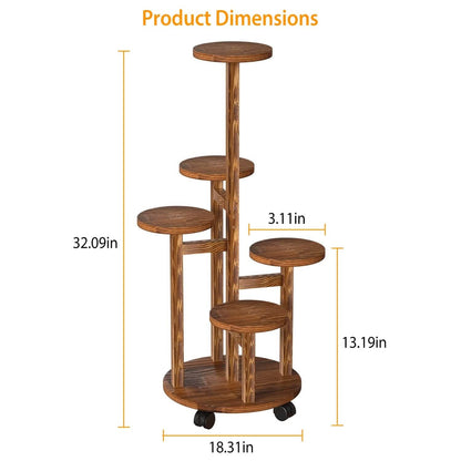 5-Tier Plant Stand with 4 Detachable Wheels Wooden Plant Pot Rolling Shelf