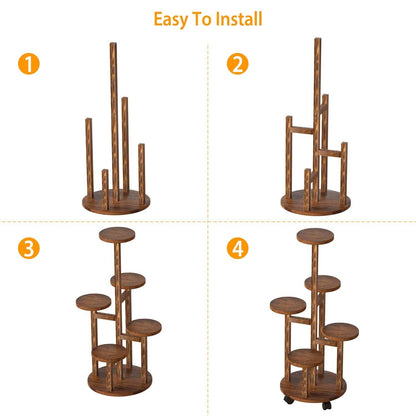 5-Tier Plant Stand with 4 Detachable Wheels Wooden Plant Pot Rolling Shelf