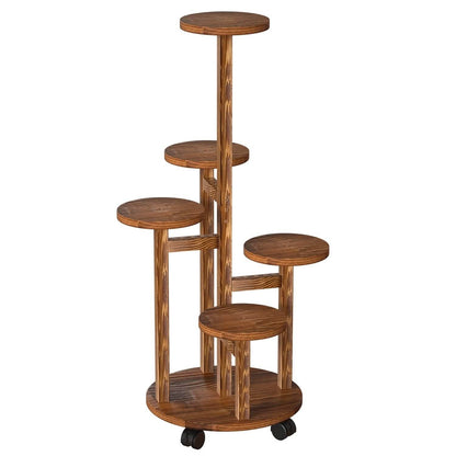 5-Tier Plant Stand with 4 Detachable Wheels Wooden Plant Pot Rolling Shelf