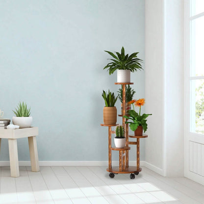 5-Tier Plant Stand with 4 Detachable Wheels Wooden Plant Pot Rolling Shelf