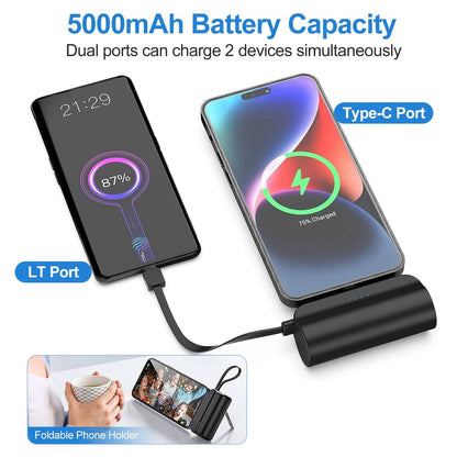 5000mAh Portable Phone Charger Built-in Type C Cable Dual Output