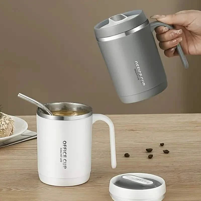 500ml Water Cup with Cover Sealing Silicone Ring Double-layer Leak-proof Drink Water Handle Stainless Coffee Insulated Cup