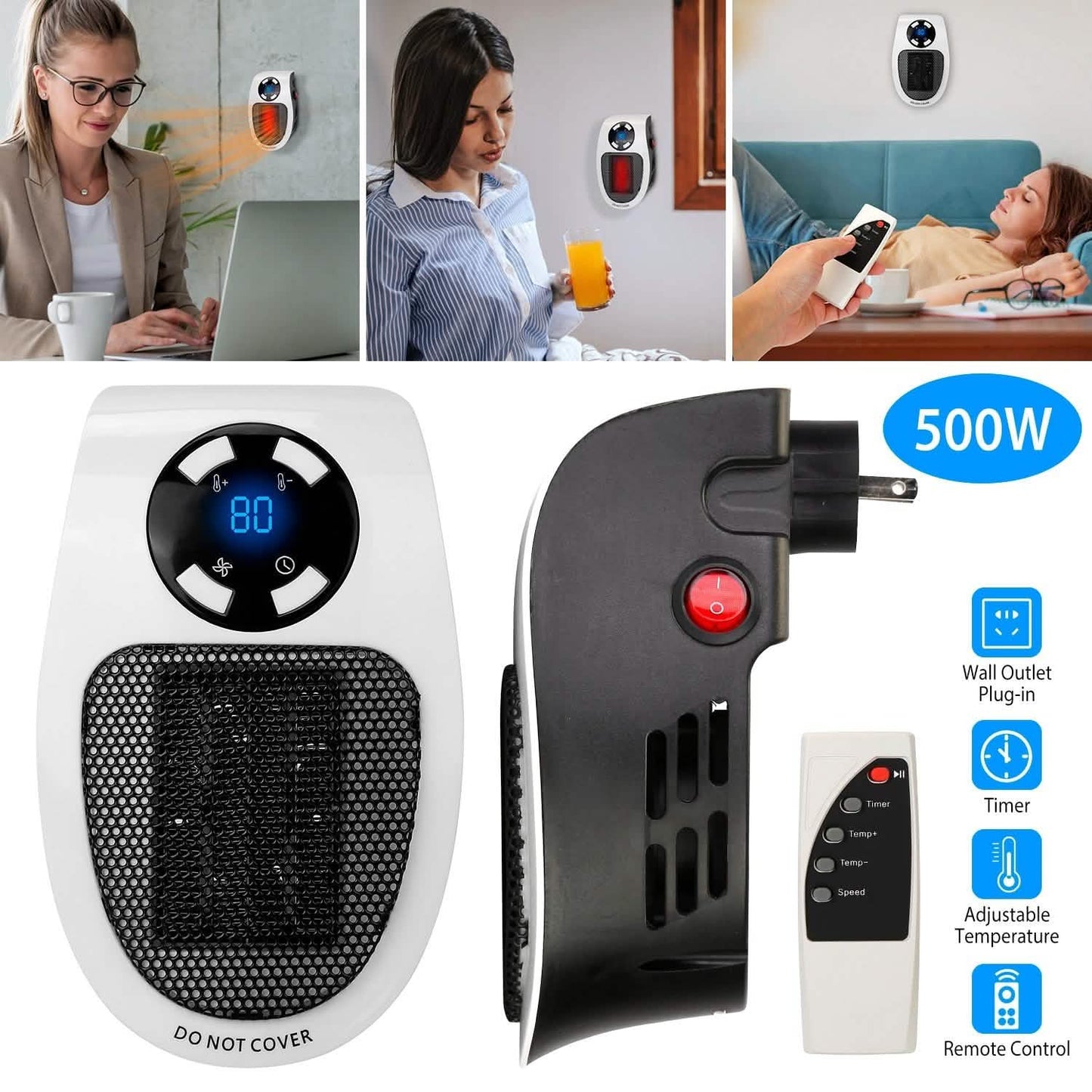 500W Portable Heater Fan Wall Outlet with Remote Control