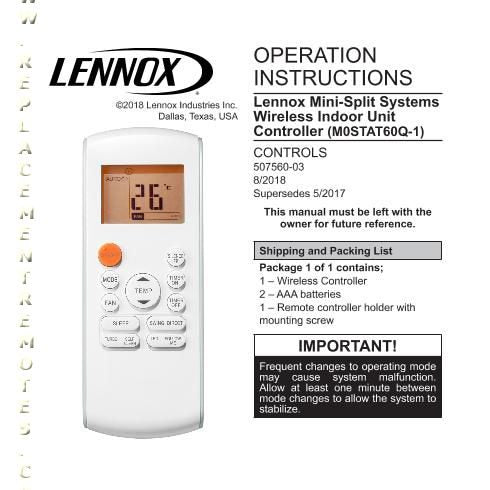 Lennox M0STAT60Q-1 Air Conditioner Remote Control - M0STAT60Q-1