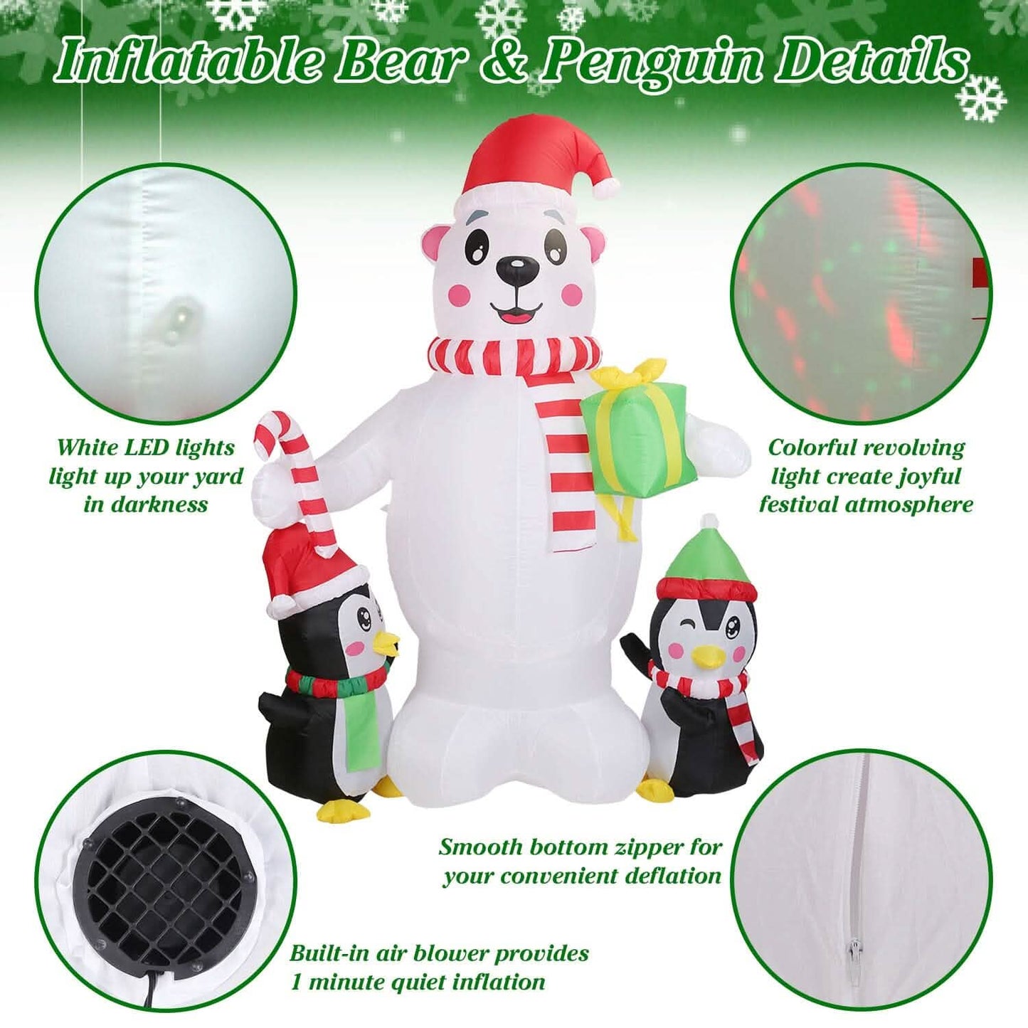 5.9Ft Christmas Inflatable Polar Bear and Penguin Blow Up Yard Outdoor Decoration with LED