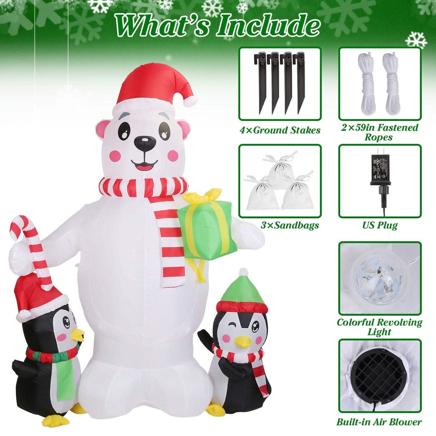 5.9Ft Christmas Inflatable Polar Bear and Penguin Blow Up Yard Outdoor Decoration with LED