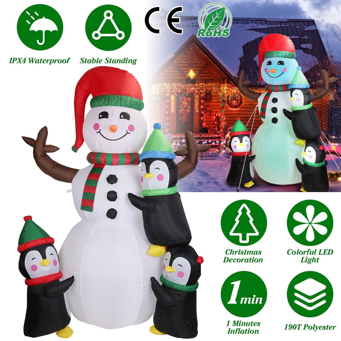 5.9Ft Snowman and Penguin Blow Up Yard Decoration with LED Light Built-in Air Blower