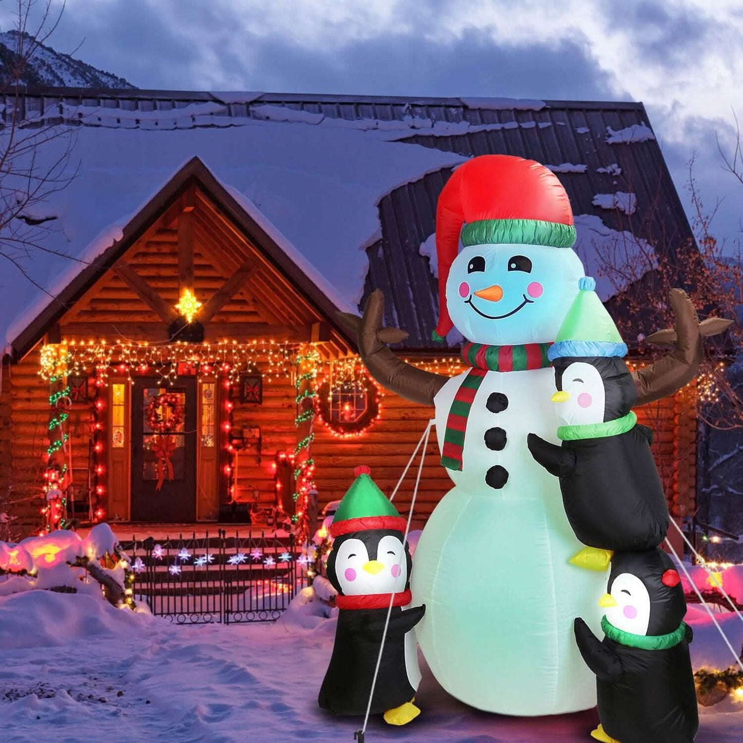5.9Ft Snowman and Penguin Blow Up Yard Decoration with LED Light Built-in Air Blower