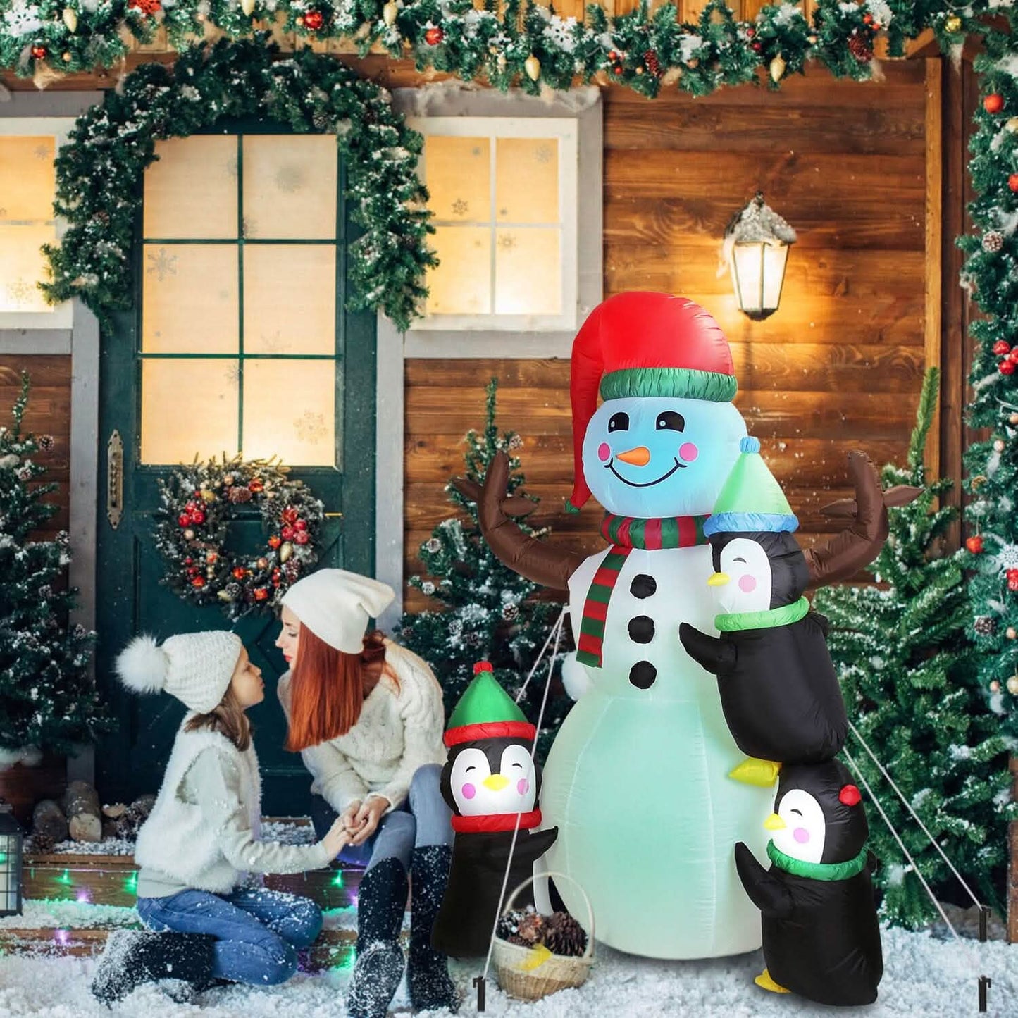 5.9Ft Snowman and Penguin Blow Up Yard Decoration with LED Light Built-in Air Blower