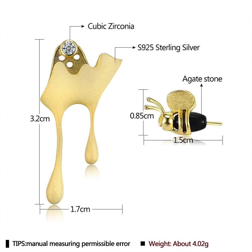 5A Clear Cubic Zirconia And Agate Stone Cute Bee 925 Sterling Silver Stud Earrings