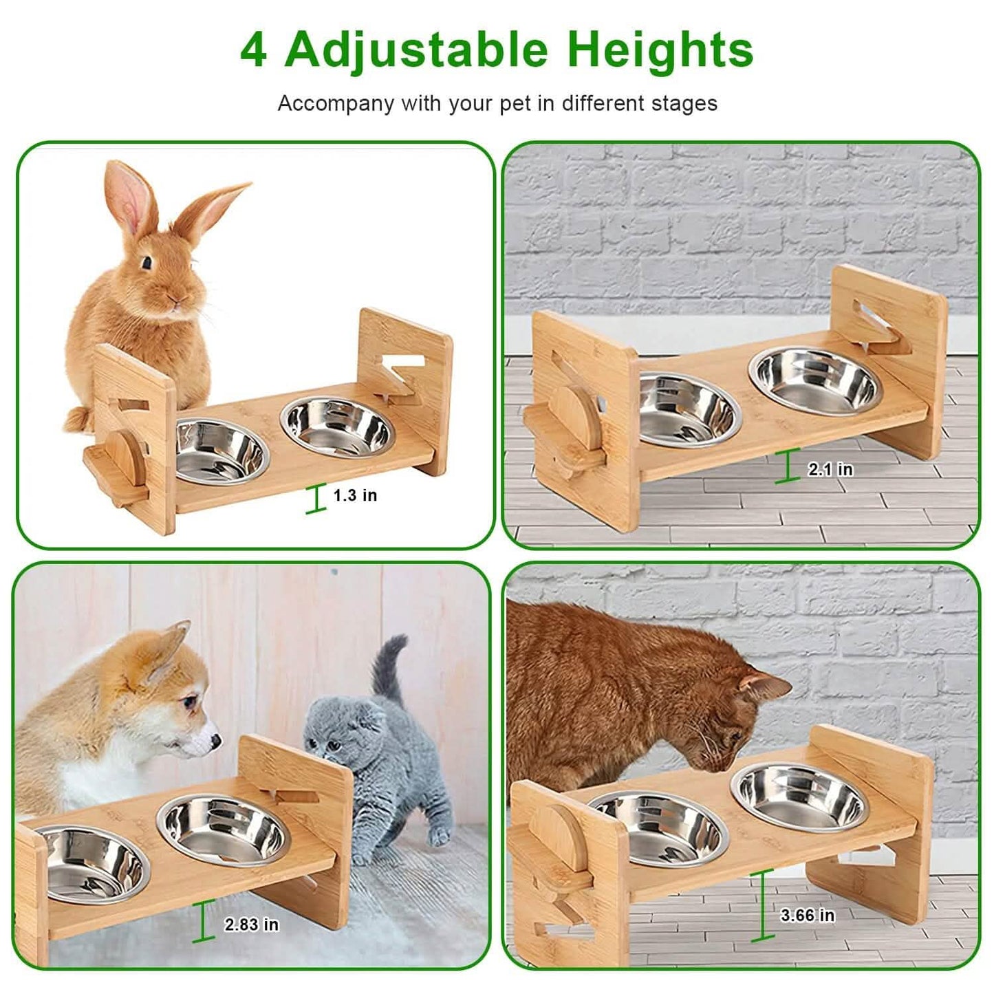 5°Tilt Bamboo Double Elevated Dog Bowls with 4 Adjustable Heights
