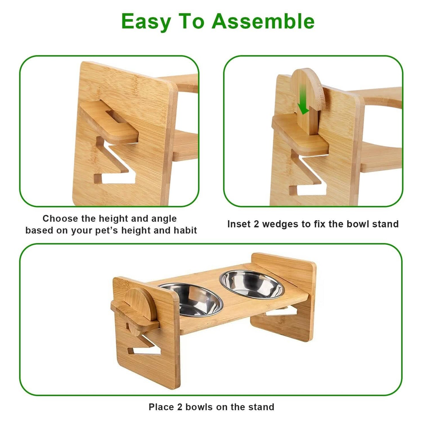 5°Tilt Bamboo Double Elevated Dog Bowls with 4 Adjustable Heights