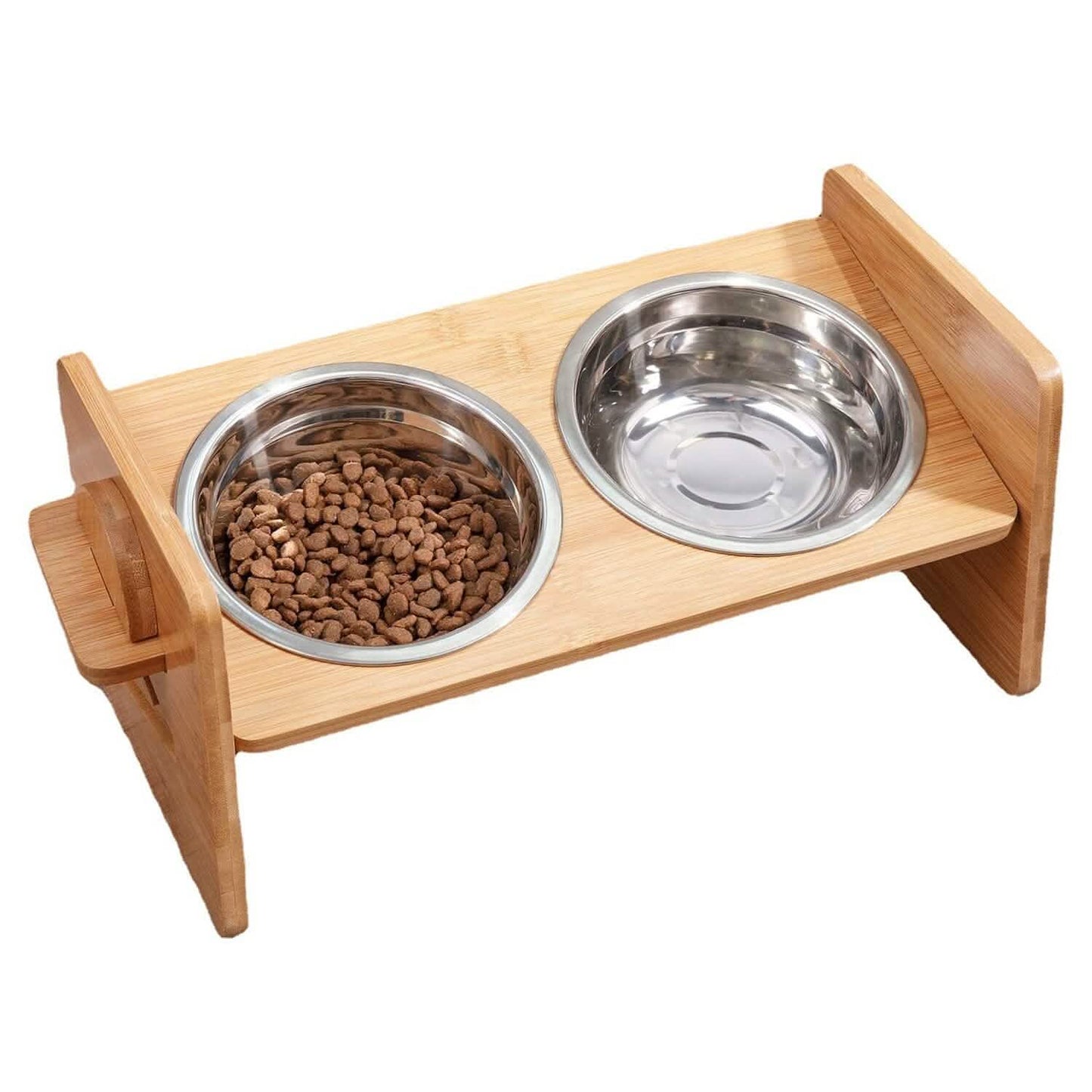 5°Tilt Bamboo Double Elevated Dog Bowls with 4 Adjustable Heights