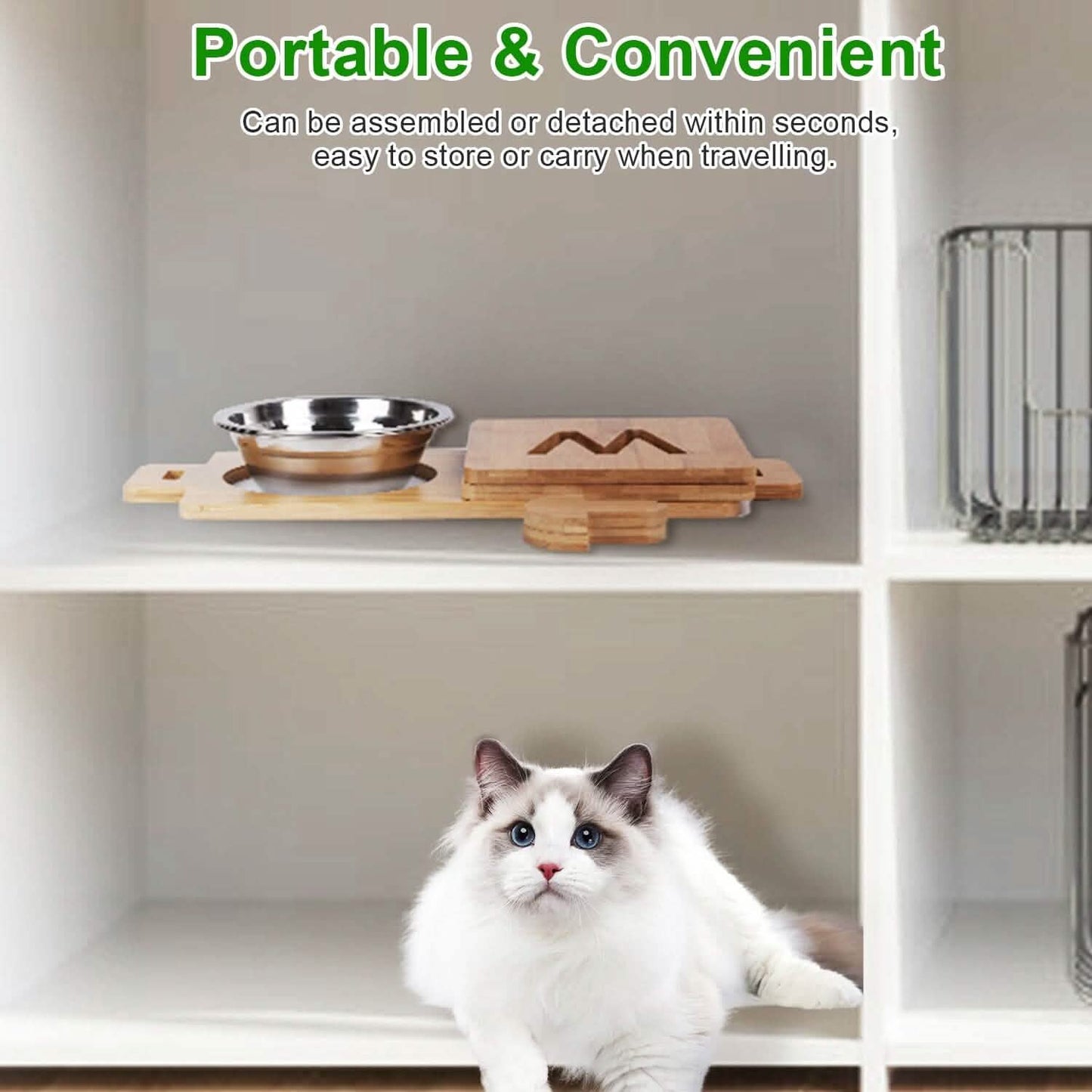 5°Tilt Bamboo Double Elevated Dog Bowls with 4 Adjustable Heights