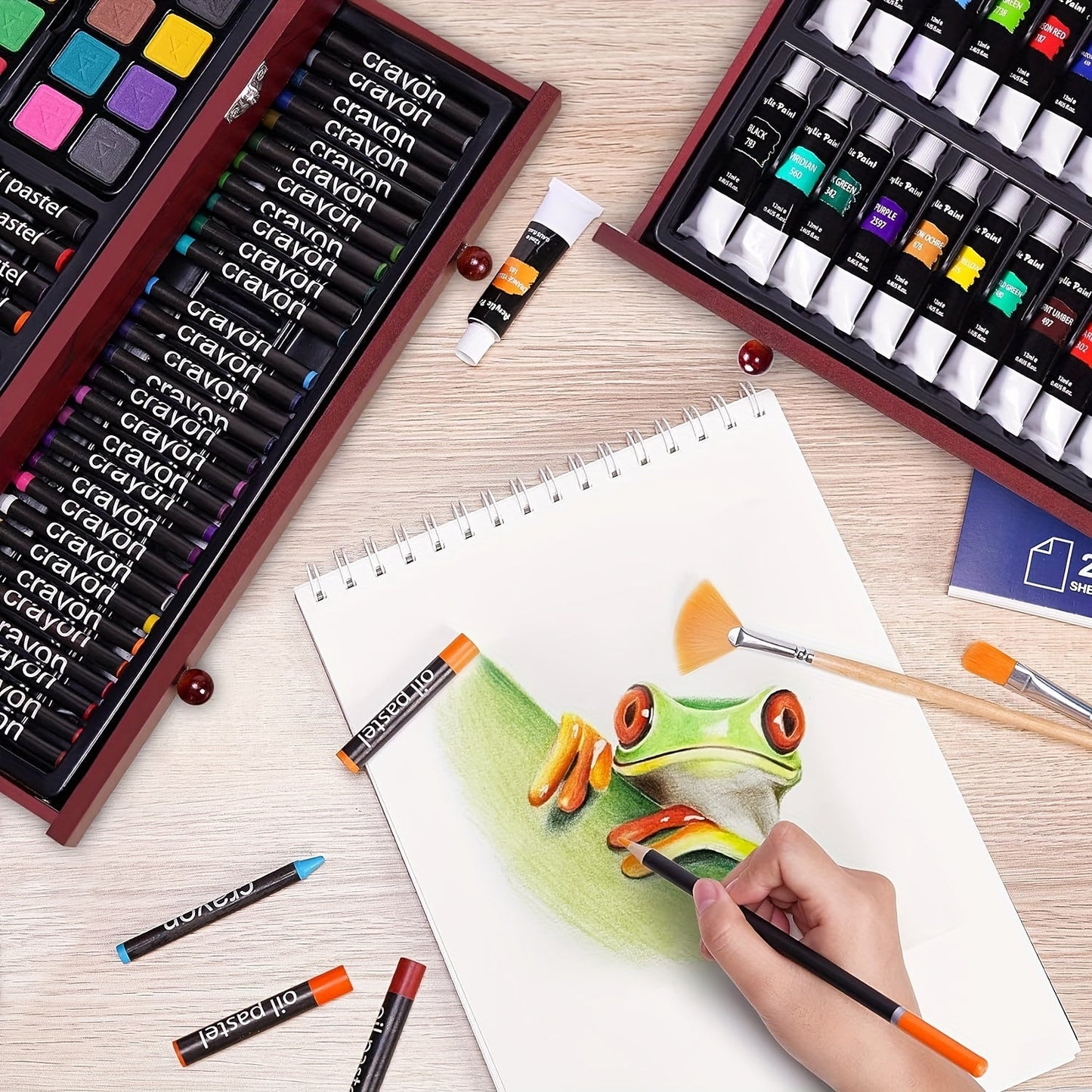 175-Piece Deluxe Art Set – Crayons, Colored Pencils & Acrylic Paints in Wooden Case