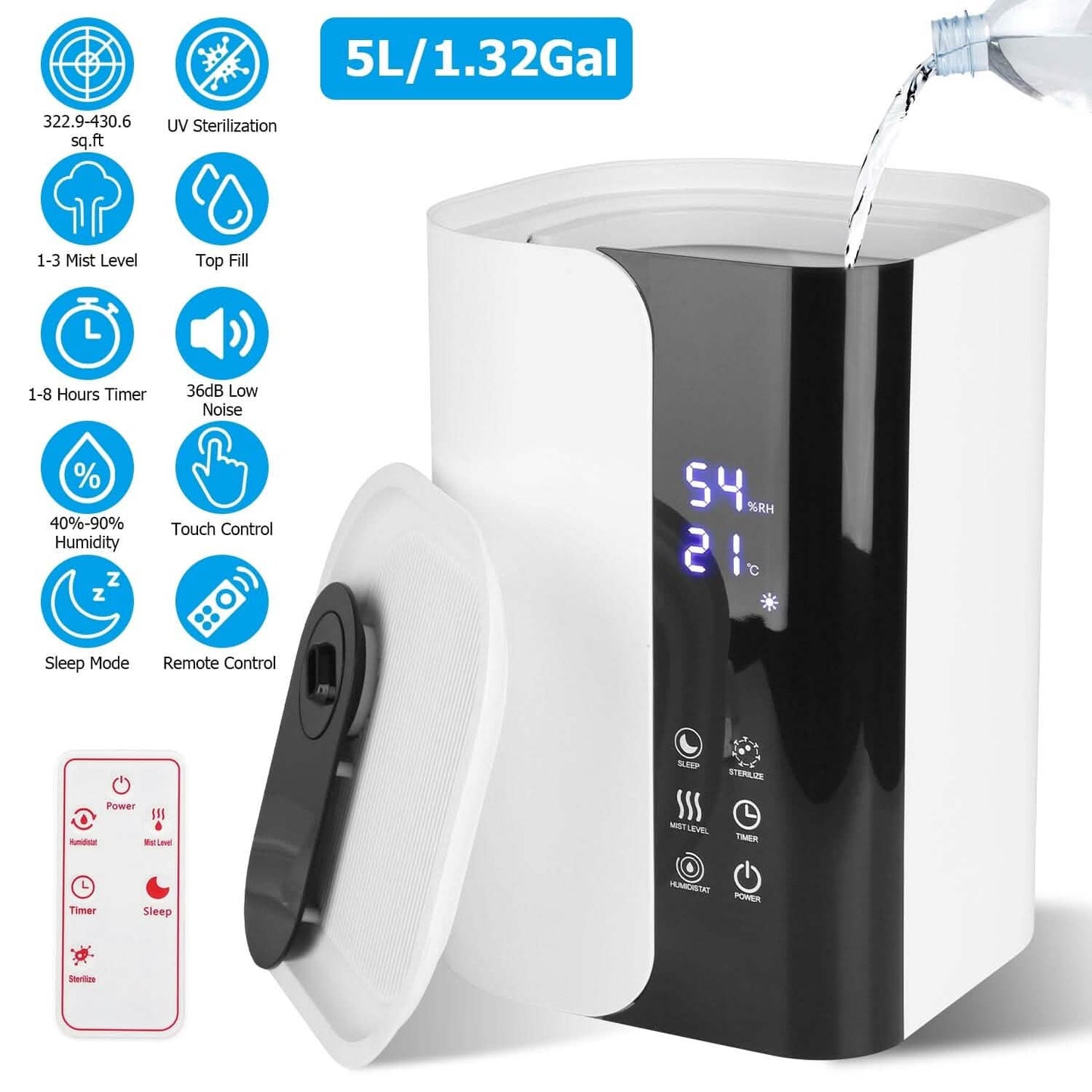 5L Gal Humidifier Top Fill Cool Mist with Essential Oils Diffuser Filter