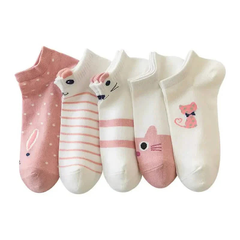 5-Pairs: Pink Kitty Crew Socks