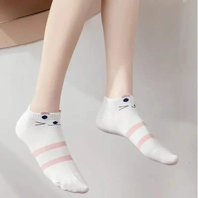 5-Pairs: Pink Kitty Crew Socks