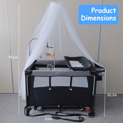 6-in-1 Foldable Baby Crib with Activity Center Diaper Changing Table