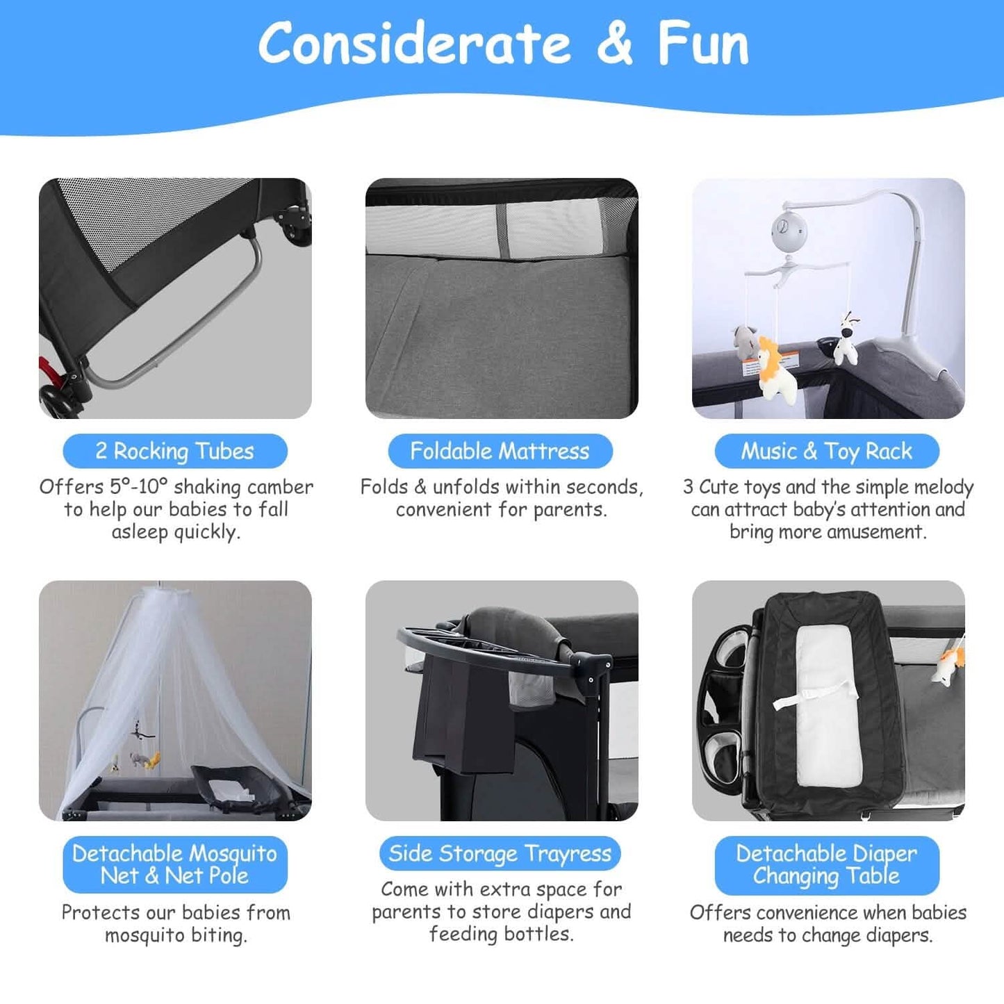 6-in-1 Foldable Baby Crib with Activity Center Diaper Changing Table