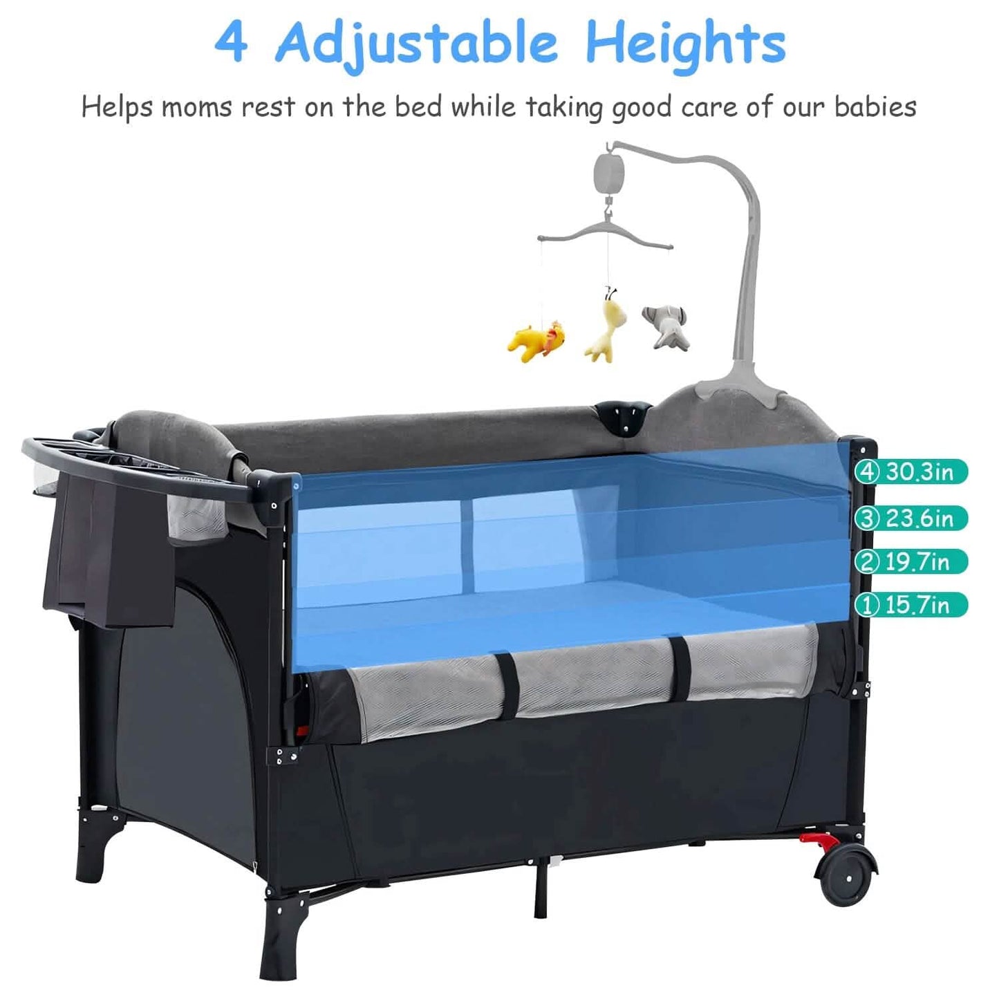 6-in-1 Foldable Baby Crib with Activity Center Diaper Changing Table