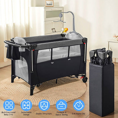 6-in-1 Foldable Baby Crib with Activity Center Diaper Changing Table