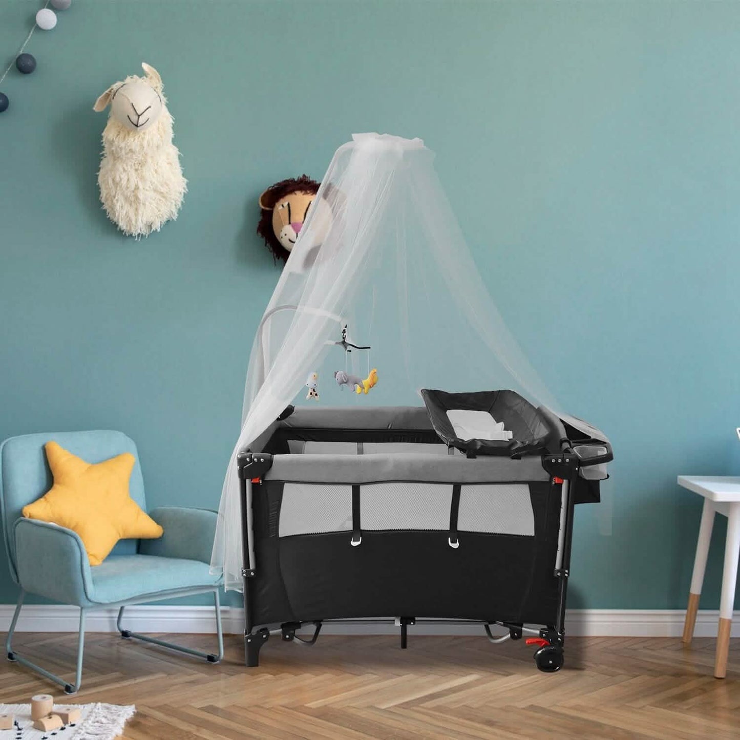 6-in-1 Foldable Baby Crib with Activity Center Diaper Changing Table