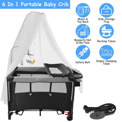 6-in-1 Foldable Baby Crib with Activity Center Diaper Changing Table