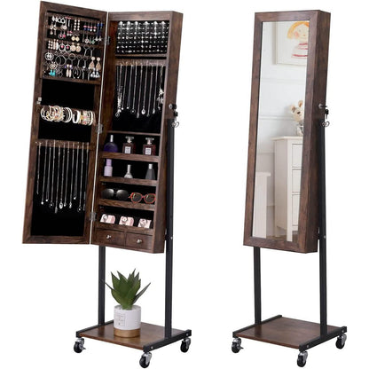 6 LEDs Mirror Jewelry Cabinet Armoire with Wheels