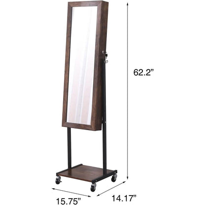 6 LEDs Mirror Jewelry Cabinet Armoire with Wheels
