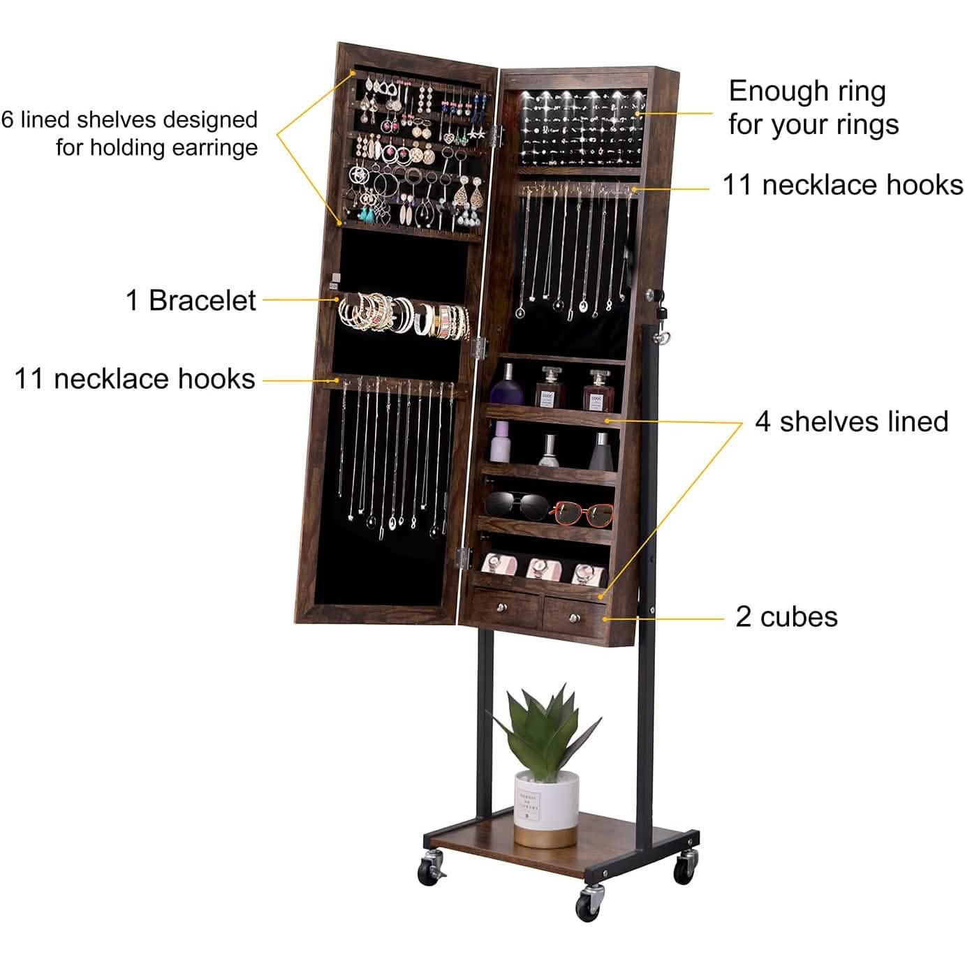 6 LEDs Mirror Jewelry Cabinet Armoire with Wheels