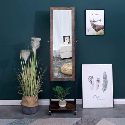 6 LEDs Mirror Jewelry Cabinet Armoire with Wheels