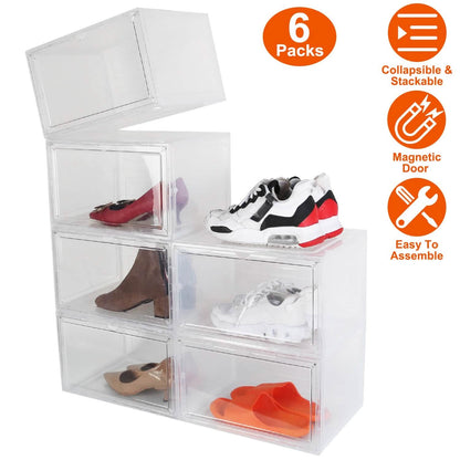 6-Pack: Collapsible Shoe Box Stackable Shoe Storage Bin with Magnetic Door