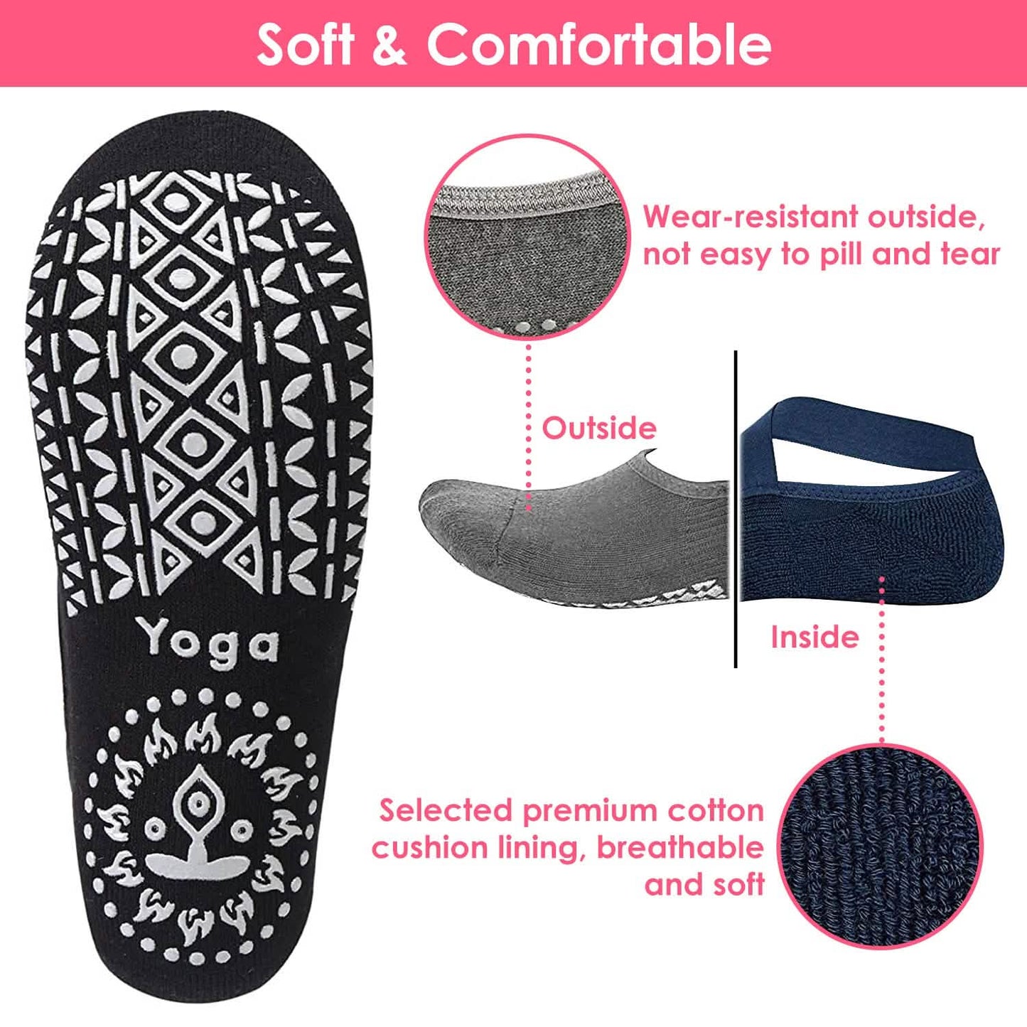 6-Pack: Women Yoga Socks with Straps Non-Slip Grips