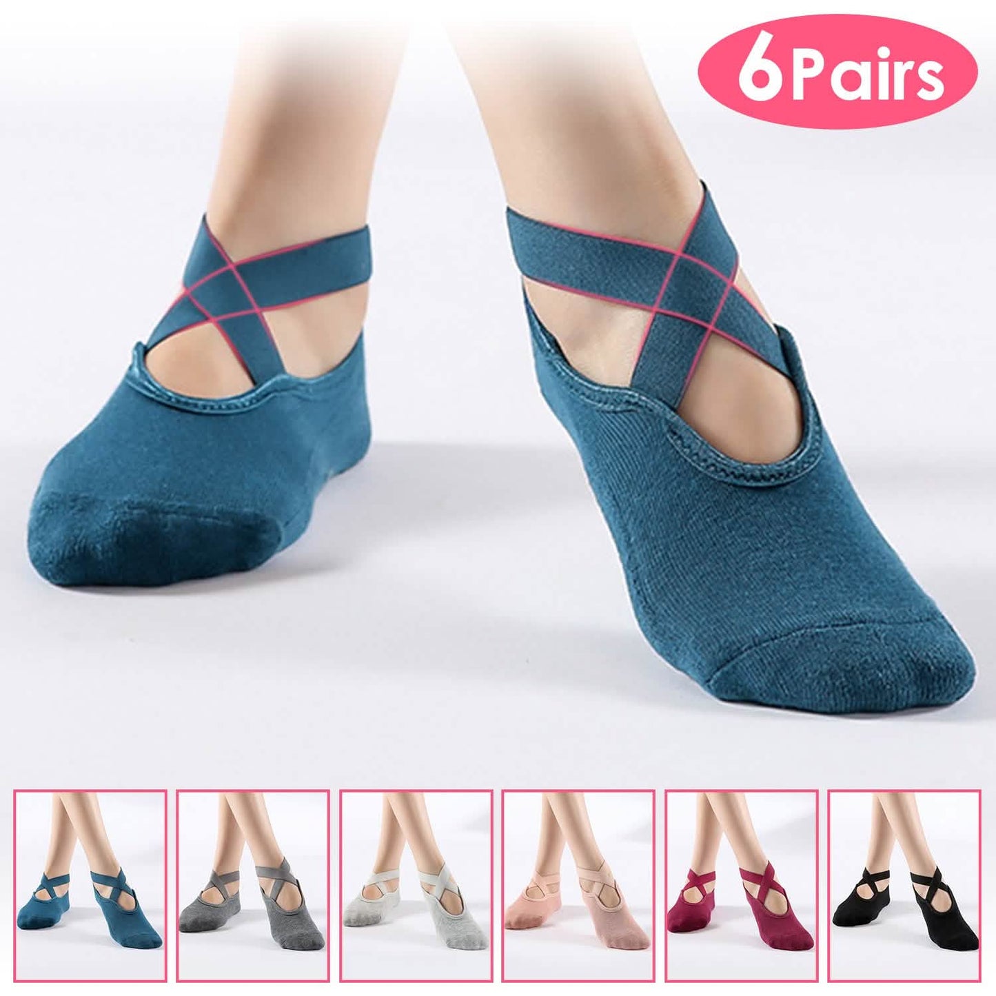 6-Pack: Women Yoga Socks with Straps Non-Slip Grips