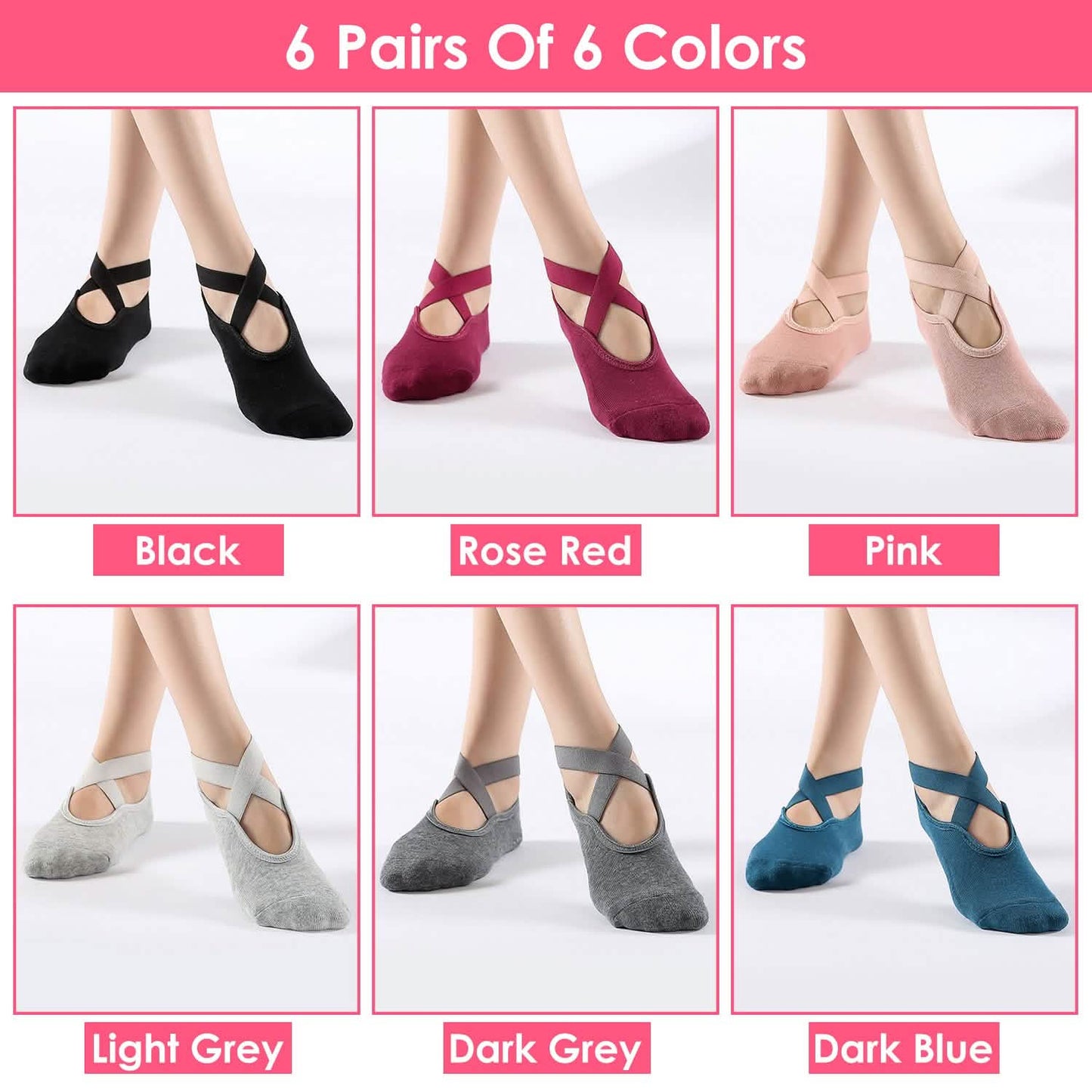 6-Pack: Women Yoga Socks with Straps Non-Slip Grips
