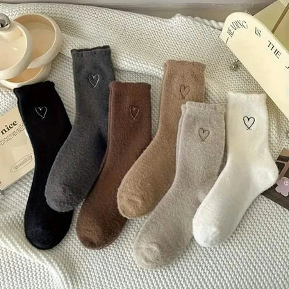 6-Pairs: Ultra Comfy Heart Embroidery Fuzzy Socks, Warm Women's Stockings & Hosiery for Cold Weather