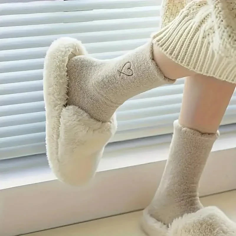 6-Pairs: Ultra Comfy Heart Embroidery Fuzzy Socks, Warm Women's Stockings & Hosiery for Cold Weather