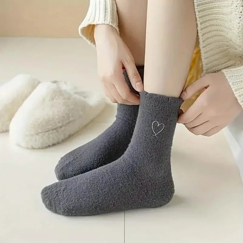 6-Pairs: Ultra Comfy Heart Embroidery Fuzzy Socks, Warm Women's Stockings & Hosiery for Cold Weather