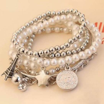 6-Piece: Multi Layer Pearl Bracelet Set