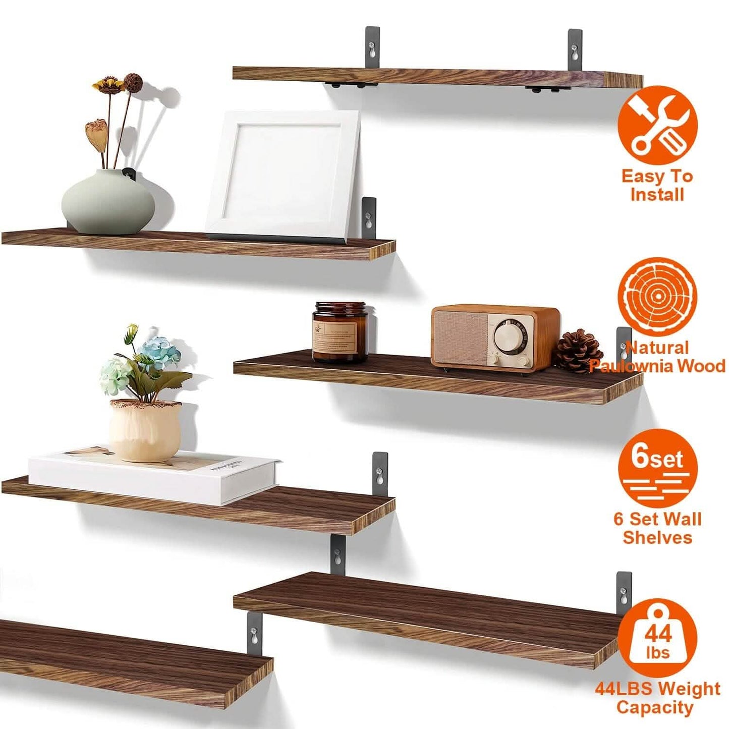 6-Piece Set: Wall Mounted Shelve Wood Storage Metal Bracket Display