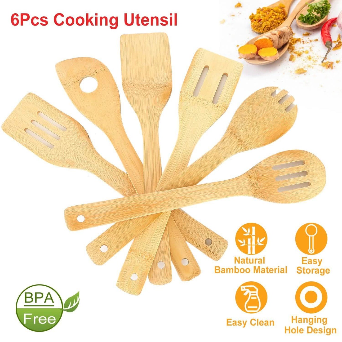 6-Pieces: Cooking Utensil Bamboo Wooden Spoons