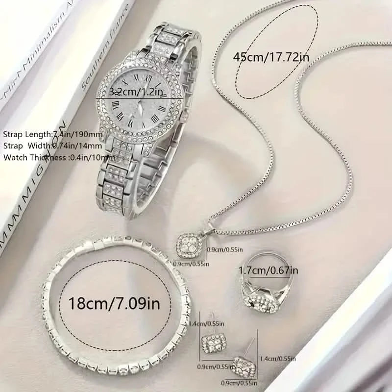 6-Pieces: Elegant Women's Jewelry Set with Quartz Roman Numerals Watch