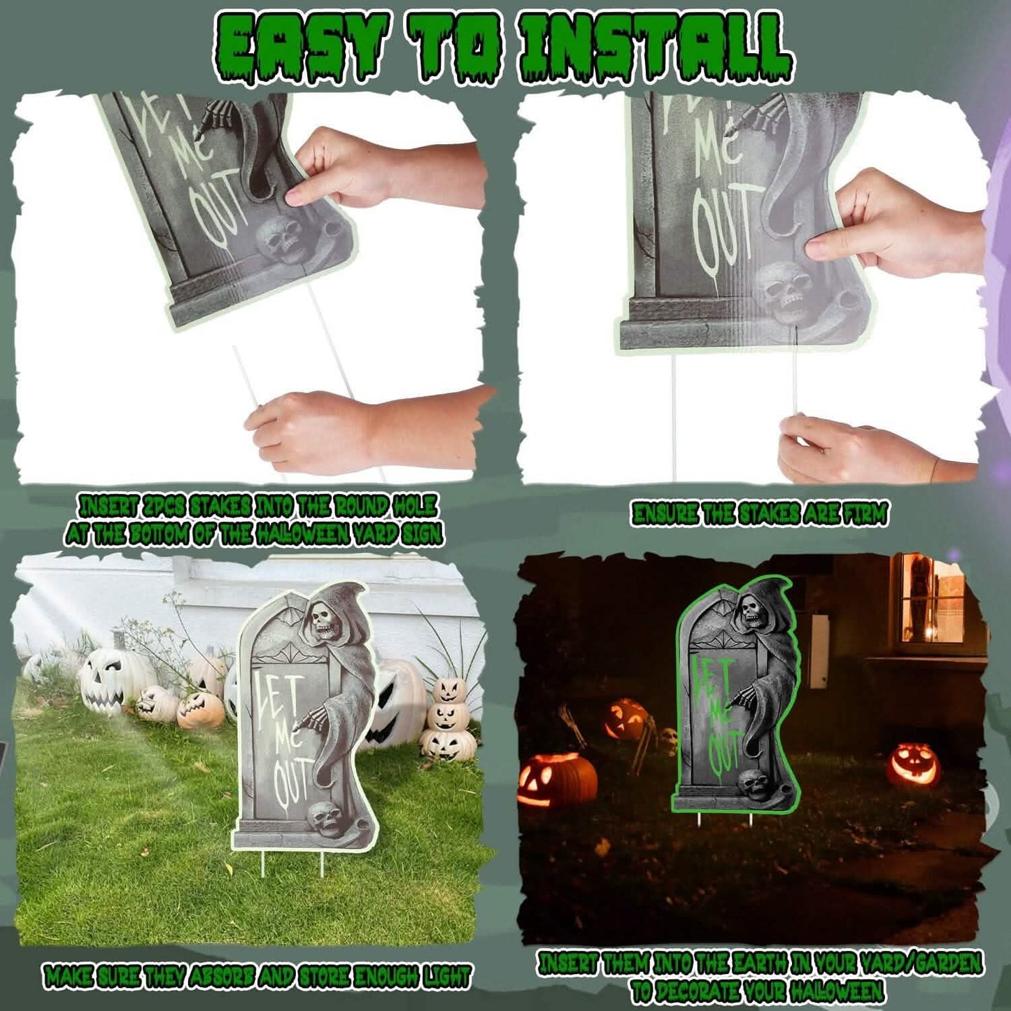 6-Pieces: Glow in the Dark Halloween Yard Sign Decorations with 12 Stakes