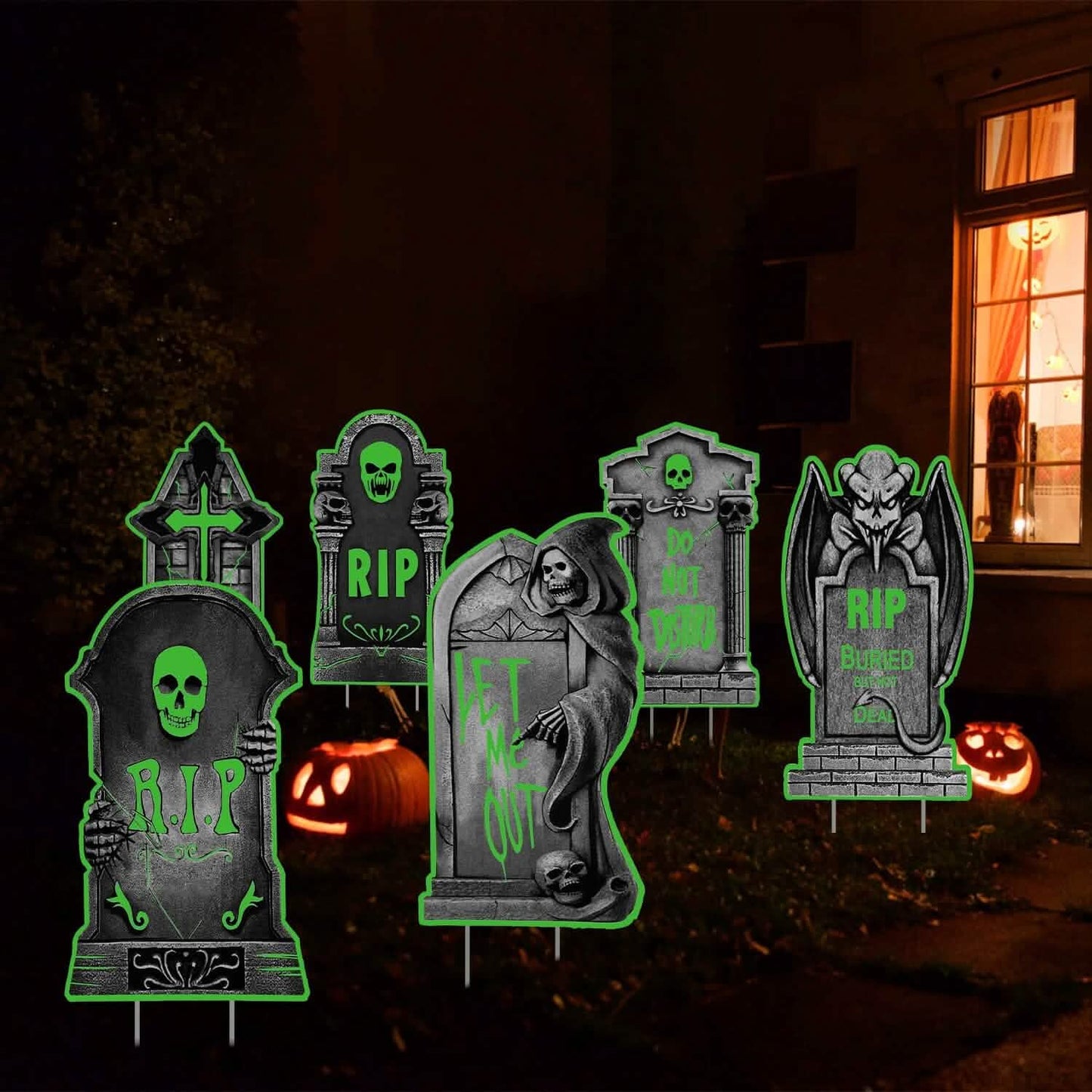 6-Pieces: Glow in the Dark Halloween Yard Sign Decorations with 12 Stakes